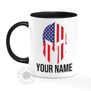 Personalized American Flag Spartan Helmet Custom Name Coffee Mug / Patriotic Pro America Gift Idea