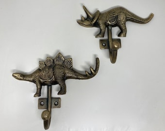 Dinosaur Hook Antique Brass Triceratops Stegosaurus Metal Wall Hook