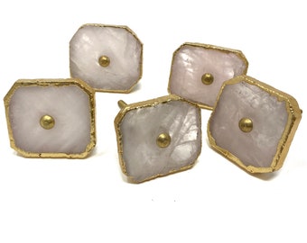 Unique Agate Stone Door Knob in Pale Pink with Gold Edging and Brass Hardware