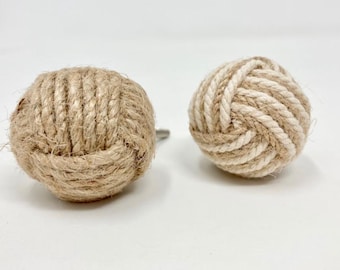 Jute Rope Knob Natural or Natural & White Drawer Pull Nursery Cabinet Handle