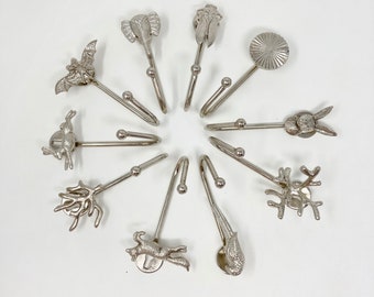 Ganchos de pared de hierro animal plateado - Tie Back - Ganchos de animales de metal hechos a mano de plata