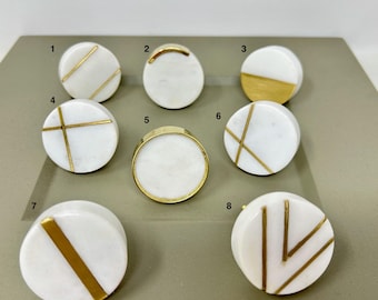 Round Stone and Brass Drawer Knob | Marble Brass Cabinet Hardware | Decorative Drawer Pull | Unique Knob Handle | White & Gold