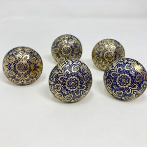 Moroccan Blue & Gold Round Drawer Knob Cupboard Pull Drawer Brass Etched Drawer Knob Brass Bohemian Drawer Knob