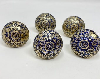 Moroccan Blue & Gold Round Drawer Knob Cupboard Pull Drawer Brass Etched Drawer Knob Brass Bohemian Drawer Knob