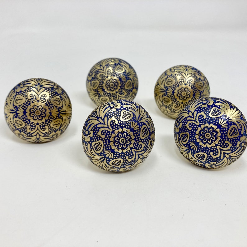Moroccan Blue & Gold Round Drawer Knob Cupboard Pull Drawer Brass Etched Drawer Knob Brass Bohemian Drawer Knob image 1