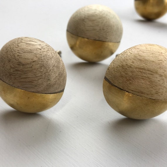 10 X Wooden Brass Round Modern Knobs Drawer Door Knob Etsy