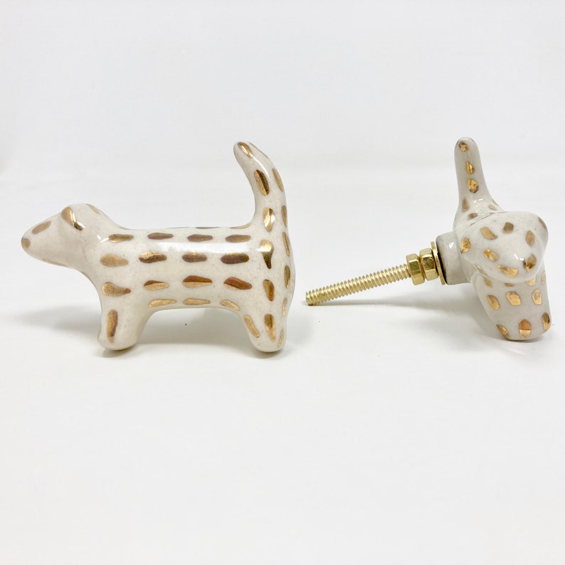 Gold & White Handmade Spotted Dog Knob made from Ceramic Handle Kitchen Cupboard Home image 4