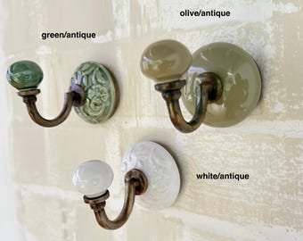 Ceramic Hooks | Antique Brass | Hand Painted | Bathroom | Hallway | Kitchen | Olive | Green | White