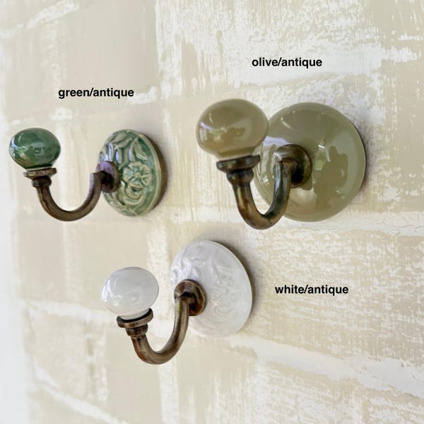 Ceramic Hooks | Antique Brass | Hand Painted | Bathroom | Hallway | Kitchen | Olive | Green | White