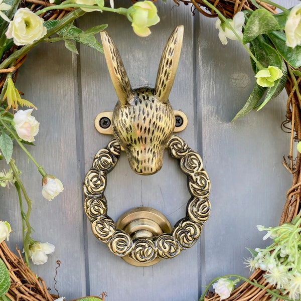 Vintage Antique Brass Hare Ring O Roses Solid Brass Door Knocker | Hare Door Knocker | Bunny Rabbit Door Knocker |Gift | House Warming |