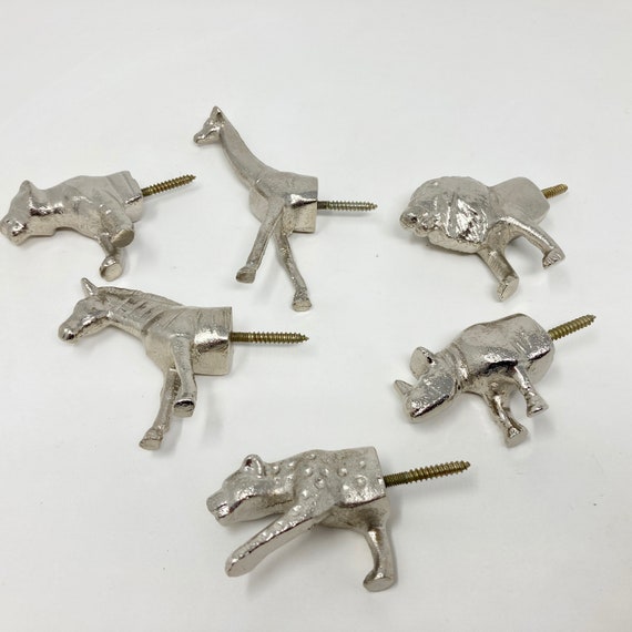 HOOKS Safari Silver Animal Iron Metal Wall Hooks SET of 6 or