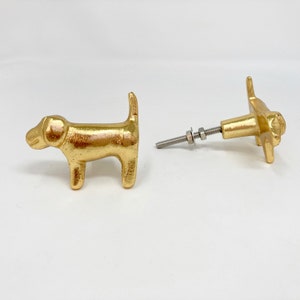 May include: Two gold-coloured dog-shaped cabinet knobs with a silver screw.