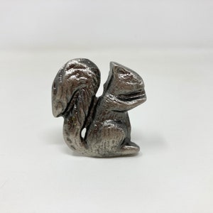 May include: A silver metal squirrel figurine with a detailed tail and a sitting pose.