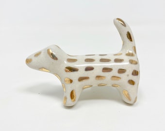 Gold & White Handmade Spotted Dog Knob made from Ceramic - Handle Kitchen Cupboard Home