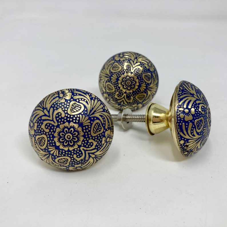 Moroccan Blue & Gold Round Drawer Knob Cupboard Pull Drawer Brass Etched Drawer Knob Brass Bohemian Drawer Knob image 7