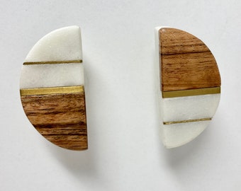 Half Moon Marble & Wood Knob with Brass Strips | Artistic Cabinet Knob and Furniture Hardware | Handles Rustic Cabinet Door