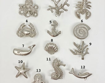 Boutons de tiroir marins marins argentés Sealife - Salle de bain | Placards |Commode | Armoire | Commode