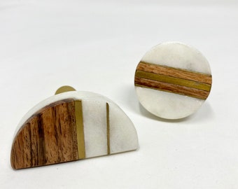 Half Moon and Round Marble & Wood Knob with Brass Strips | Artistic Cabinet Knob and Furniture Hardware | Handles Rustic Cabinet Door Handle