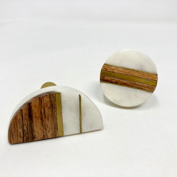Half Moon and Round Marble & Wood Knob with Brass Strips | Artistic Cabinet Knob and Furniture Hardware | Handles Rustic Cabinet Door Handle