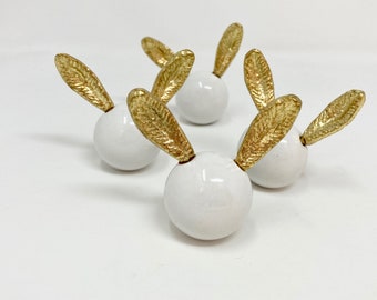 Ceramic Long Eared Rabbit Hare Knob with Gold Ears | Woodland Themed Nursery Knob  - Drawer Pull Door Knob