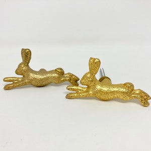 May include: Two gold rabbit shaped cabinet knobs. The rabbits are in a running pose with their ears up.
