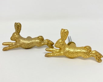 Running Rabbit Knob in Old Gold  | Antique Gold Vintage Gold Woodland Iron Drawer Pull Door Pull Animal Knob