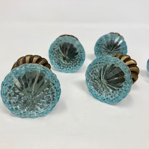 Vintage Victorian Style Glass Knob in Blue with Antique Brass Collar - Home decor drawer pull Bedroom Cabinet