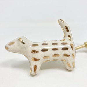 Gold & White Handmade Spotted Dog Knob made from Ceramic Handle Kitchen Cupboard Home image 2