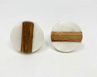 Round Marble & Wood Knob with Brass Strips | Artistic Cabinet Knob and Furniture Hardware | Handles Rustic Cabinet Door