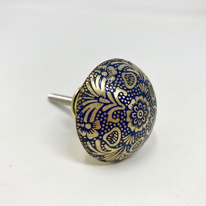 Moroccan Blue & Gold Round Drawer Knob Cupboard Pull Drawer Brass Etched Drawer Knob Brass Bohemian Drawer Knob image 4