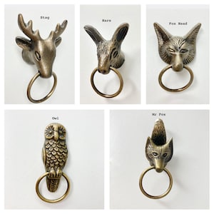 Ring Woodland Antique Brass Animals Stag Hare Fox Owl with Pull Ring Drawers Cupboard Dresser