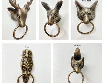 Ring Woodland Antique Brass Animals Stag Hare Fox Owl with Pull Ring Drawers Cupboard Dresser