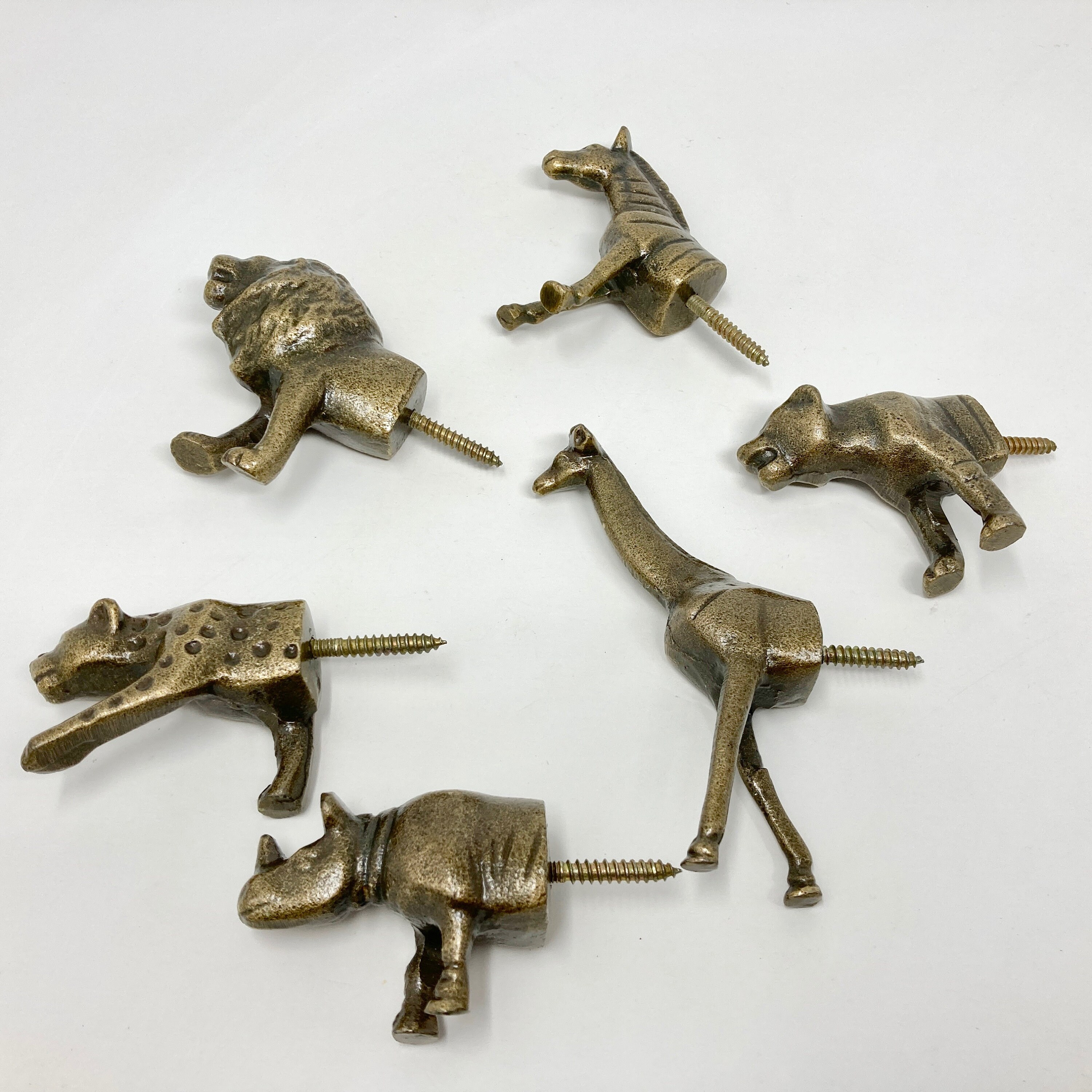 HOOKS Safari Antique Brass Animal Iron Metal Wall Hooks SET of 6 or  Individual 