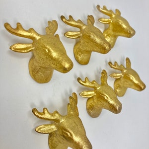 Op de afbeelding: Zes gouden trekknoppen in de vorm van een hertenkop. De hertenkoppen hebben een getextureerd oppervlak en bevinden zich in verschillende posities.