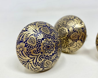 SLIGHT SECONDS Moroccan BLUE & Gold Round Drawer Knob Cupboard Pull Drawer Brass Drawer Knob Brass Bohemian Drawer Knob