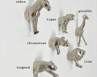 Safari Silver Animal Iron Metal Drawer Knobs SET of 6 or Individual - Dresser Cabinet Chest of Drawers