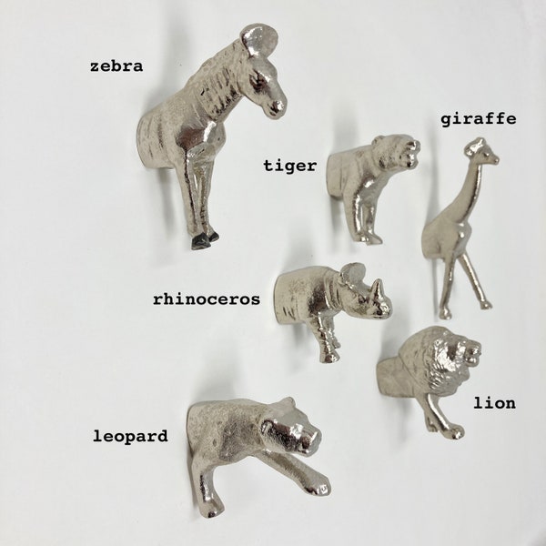 Safari Silver Animal Iron Metal Drawer Knobs SET of 6 or Individual - Dresser Cabinet Chest of Drawers