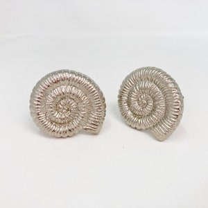 May include: Two silver ammonite shell-shaped drawer pulls. The pulls are detailed with a spiral pattern.