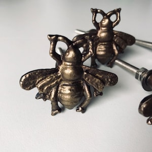 May include: Four gold-toned bee-shaped cabinet knobs with a detailed design. The knobs have a screw-on attachment.