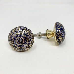 Moroccan Blue & Gold Round Drawer Knob Cupboard Pull Drawer Brass Etched Drawer Knob Brass Bohemian Drawer Knob image 5