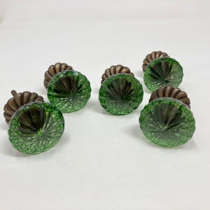 Vintage Victorian Style Glass Knob in Green with Antique Brass Collar - Home decor drawer pull Bedroom Cabinet