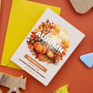 May include: An invitation to an Autumn party with a watercolor illustration of fall leaves, pumpkins, and a forest scene. The text reads "Autumn Party" and "September 29th, From 2 PM, Live Music | Free Entry | Free Drinks, www.reallygreatsite.com".