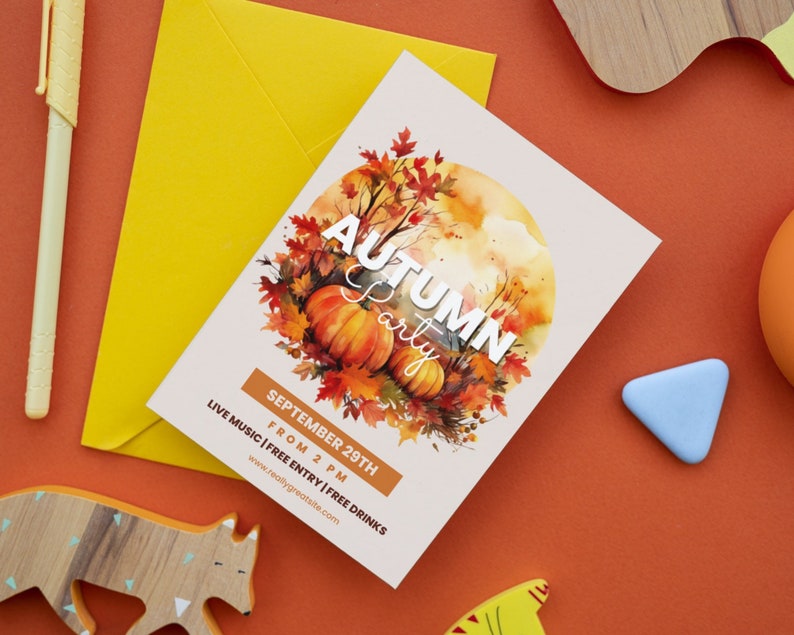 May include: An invitation to an Autumn party with a watercolor illustration of fall leaves, pumpkins, and a forest scene. The text reads "Autumn Party" and "September 29th, From 2 PM, Live Music | Free Entry | Free Drinks, www.reallygreatsite.com".