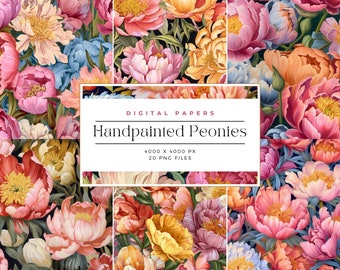 Handpainted Peonies Floral Backgrounds, Floral Digital Paper Pastel Floral Paper Scrapbook Background, Commercial Use, Digital paper