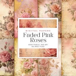 Faded Pink Roses Junk Journal Printable Vintage Papers, Vintage Paper Journal Pages, Journal Supplies, Digital Scrapbooking, Digital Papers