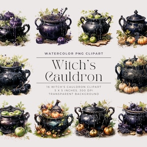 Op de afbeelding: Een set van 16 aquarel illustraties van zwarte ketels met verschillende herfstaccenten, waaronder pompoenen, appels en bessen. De ketels druppelen met een donkere vloeistof, waardoor een spookachtige en magische sfeer ontstaat.  WATERCOLOR PNG CLIPART Witch's Cauldron 16 WITCH'S CAULDRON CLIPART 5 X 5 INCHES. 300 DPI TRANSPARENT BACKGROUND