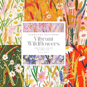 May include: A set of six seamless patterns featuring vibrant wildflowers and wheat stalks in various colors, including pink, blue, yellow, red, and green. The patterns are perfect for creating digital or printed designs.