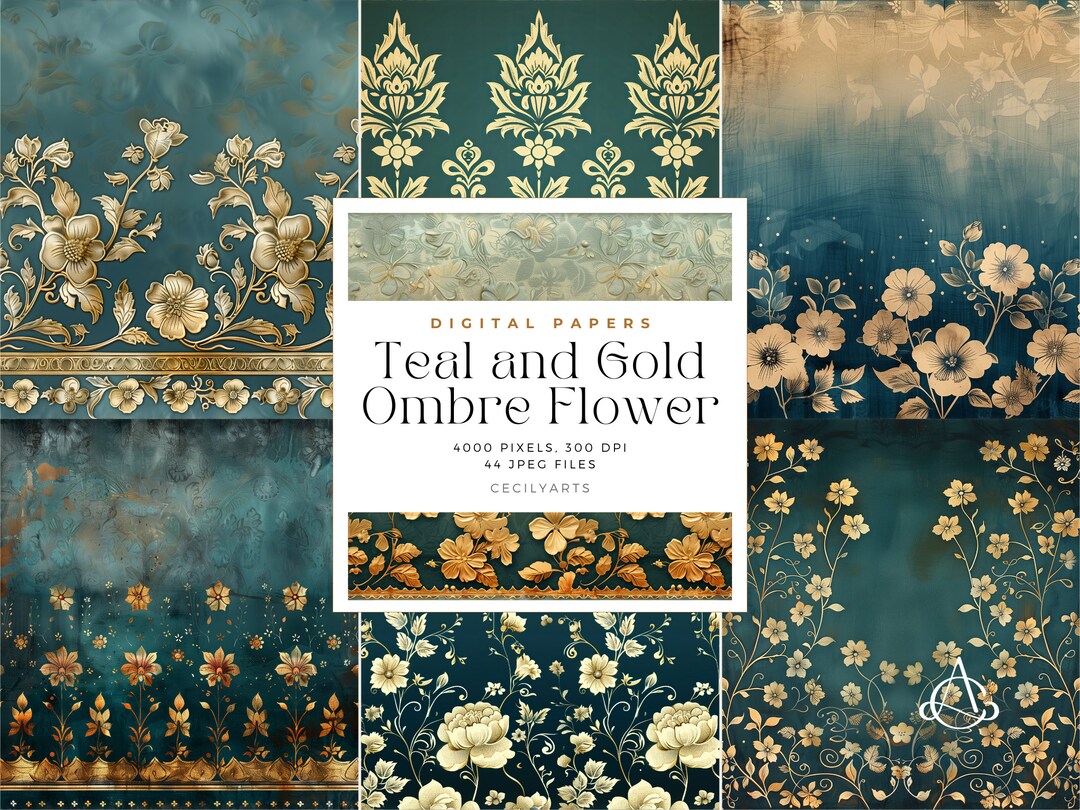 Teal and Gold Ombre Flower Background - Dark Teal and Gold Digital ...