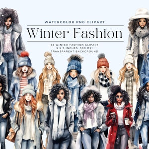 Aquarel Winter Fashion Clipart, Fashion meisje clipart, Zwart meisje clipart, Winter clipart, Zwarte vrouw clipart, Commerciële licentie