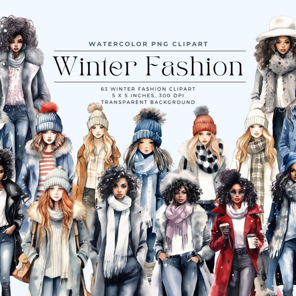 Watercolor Winter Fashion Clipart, Fashion girl clipart, Black girl clipart, Winter clipart, Black woman clipart, Commercial License